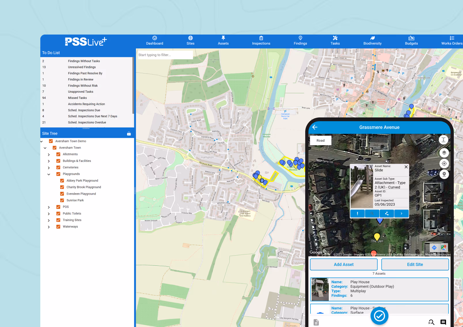 Map interface showing playground assets and inspection details for Grassmere Avenue in a town layout.