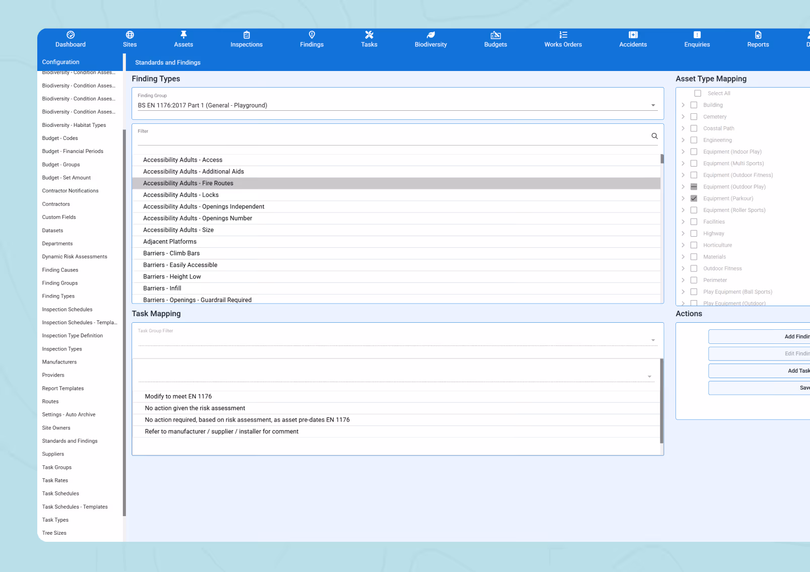 Screenshot of software showing finding types, task mapping, and asset type selection for playground inspections.