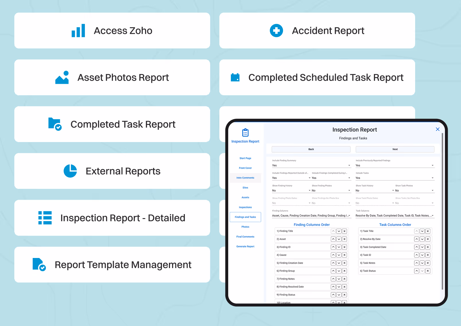 Dashboard with report options like Accident, Asset Photos, Inspection, and a detailed Inspection Report view.
