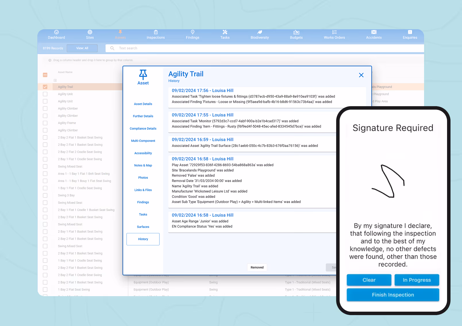 Software screen showing asset inspection history details and a digital signature confirmation for inspection completion.