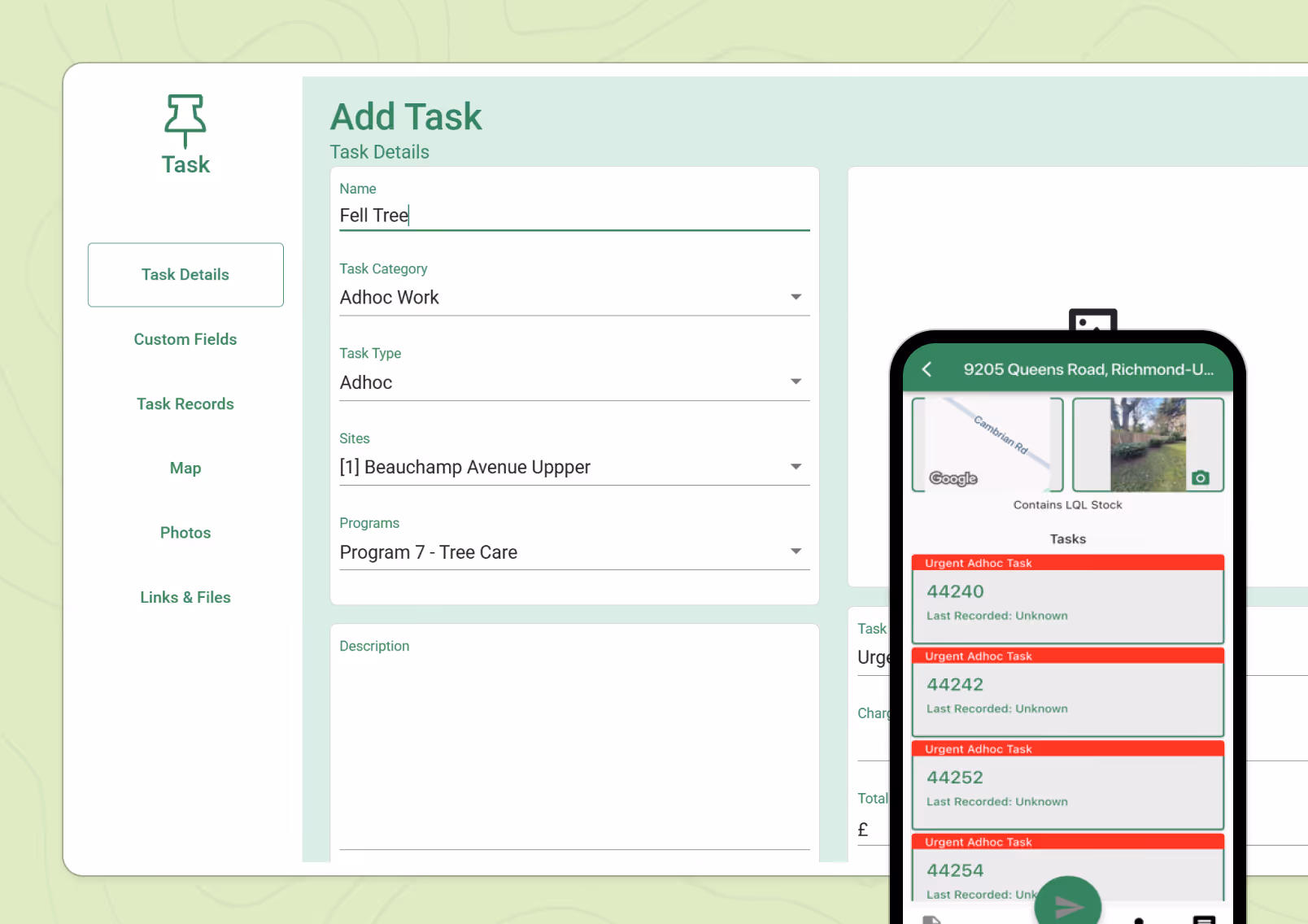 Task management screen showing Add Task form with fields for name, category, type, site, and program.