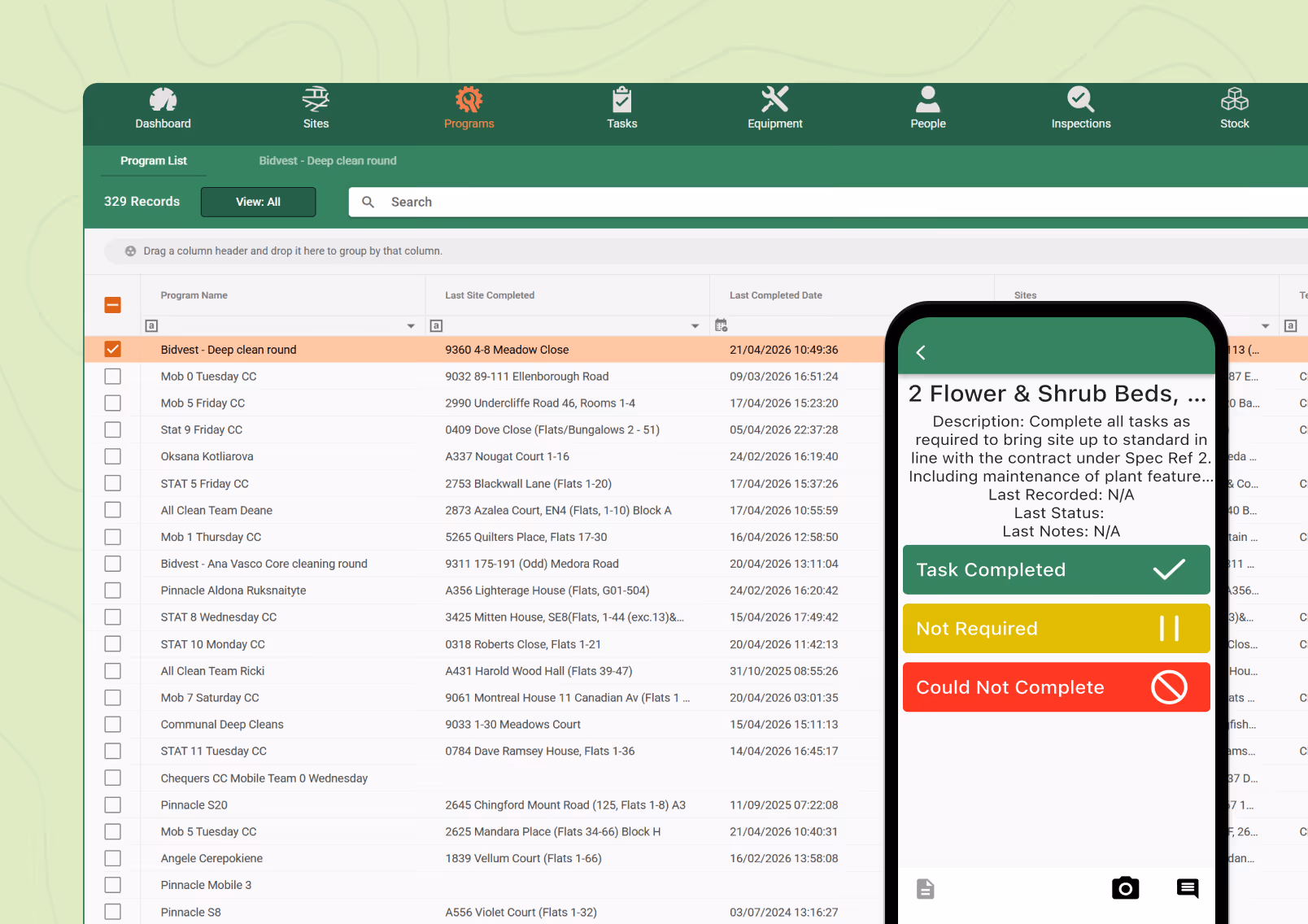 Dashboard screen displaying cleaning program list with a mobile view of task completion options.