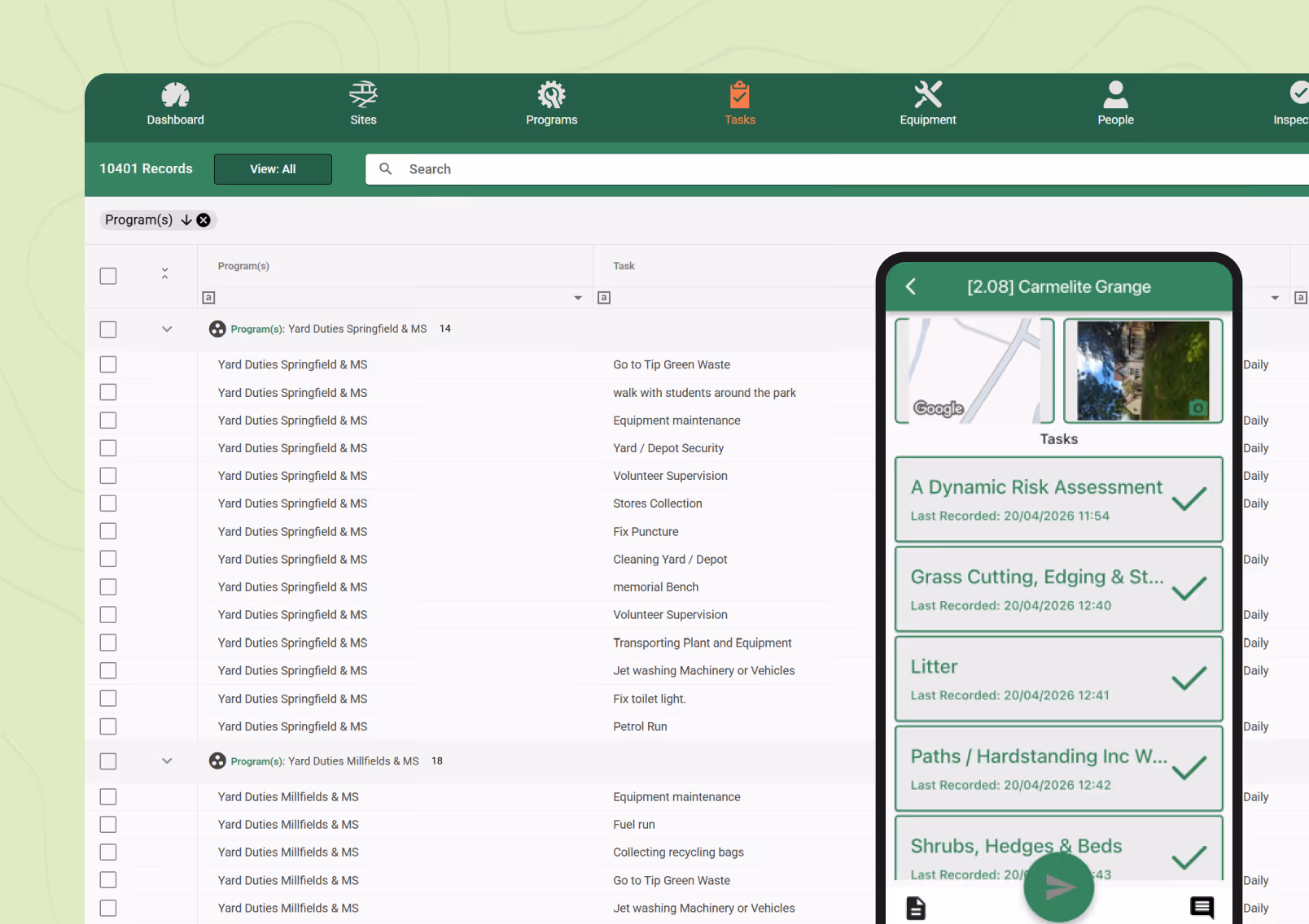 Task management interface showing yard duties and mobile app view of tasks for Carmelite Grange.
