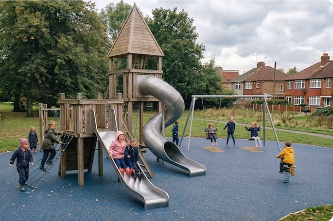 Children playing on wooden playground with slides, swings, and climbing features in a park.