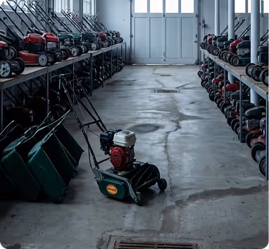 Shelves filled with lawn mowers in a storage room with a concrete floor and closed double doors.
