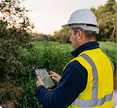 Man in hard hat and high-visibility vest using tablet outdoors near green vegetation.