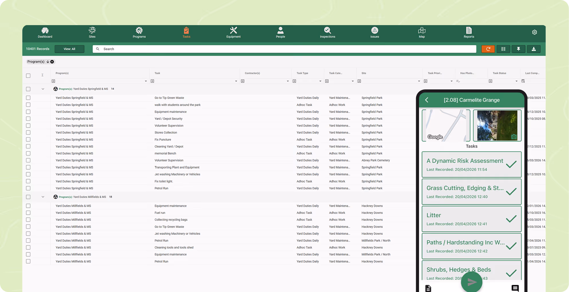 Task management dashboard listing yard duties with a mobile view of completed park maintenance tasks.