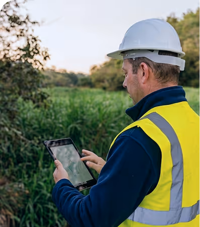 Man in a safety helmet and high-visibility vest using a tablet outdoors near green vegetation.
