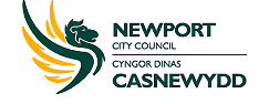 Newport City Council logo with stylised green dragon and Welsh text.