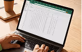 Person typing on laptop displaying a spreadsheet with rows and columns of data.