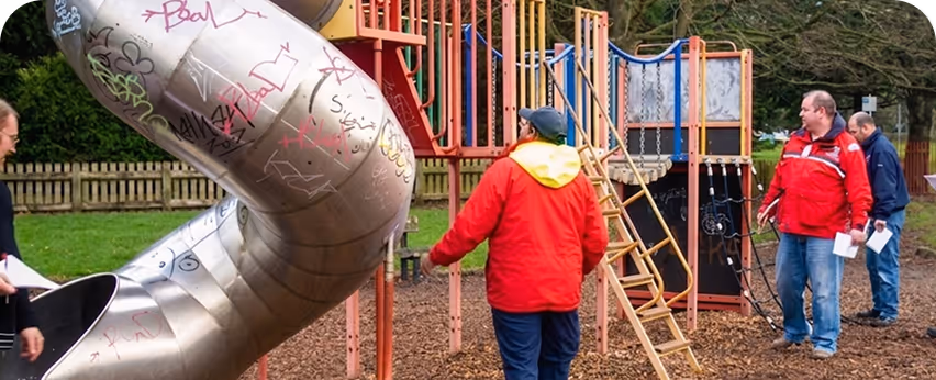 Four adults examining a graffiti-covered playground with slides and climbing structures outdoors.