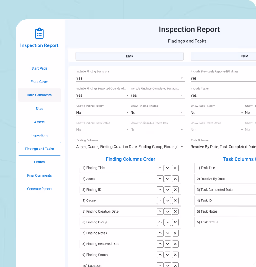 Dashboard interface showing reports list and summary of site issues, tasks, and inspections in tabular format.