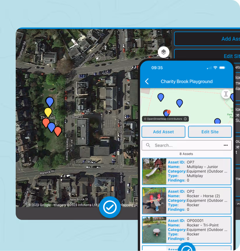 Smartphone displaying Charity Brook Playground asset list alongside a satellite map with location markers.