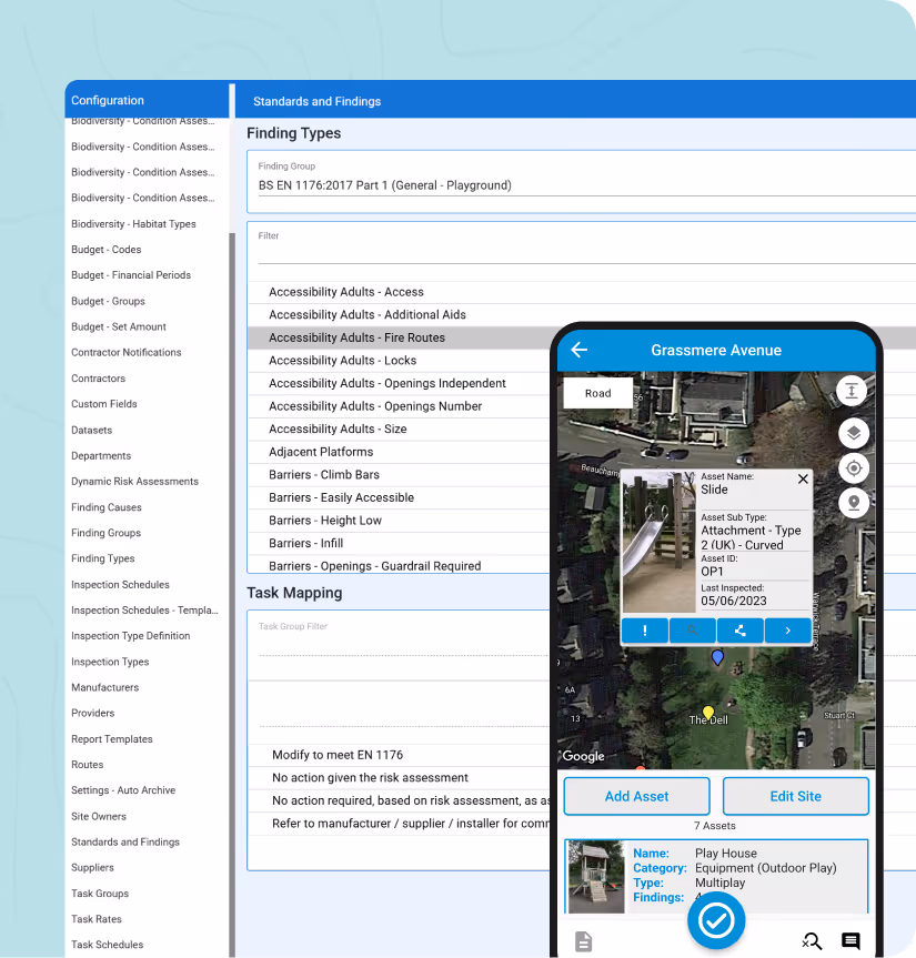 Accessibility risk assessment software showing playground compliance data and an asset map on a smartphone.