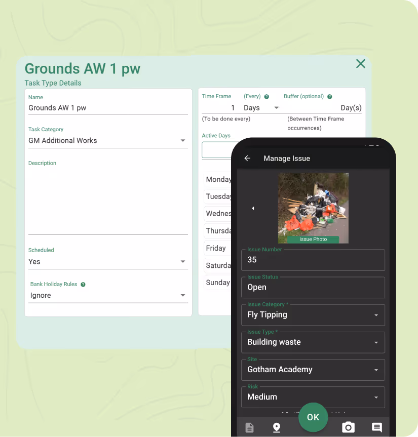 Digital playground inspection app showing asset details, location map, and fire routes under standards and findings.