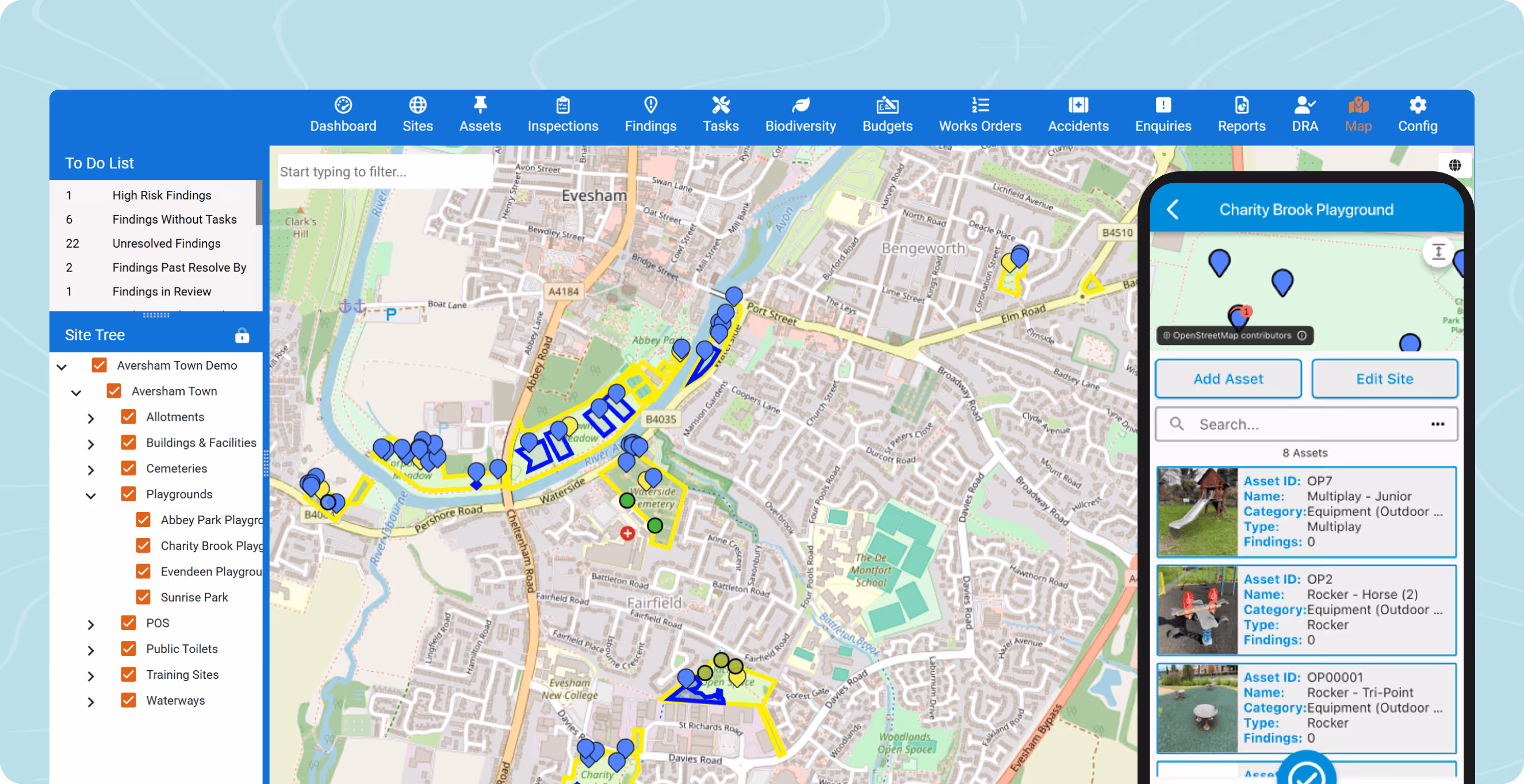 Map interface showing sites and assets in Evesham, with playground details on a mobile-style panel.