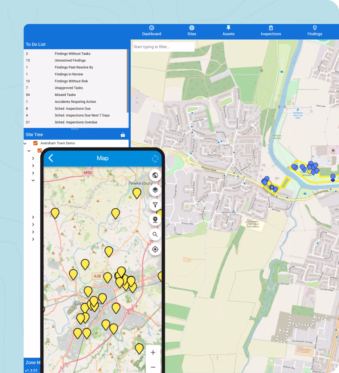 Digital map interface showing location markers in blue, yellow, and green with a to-do list of findings.