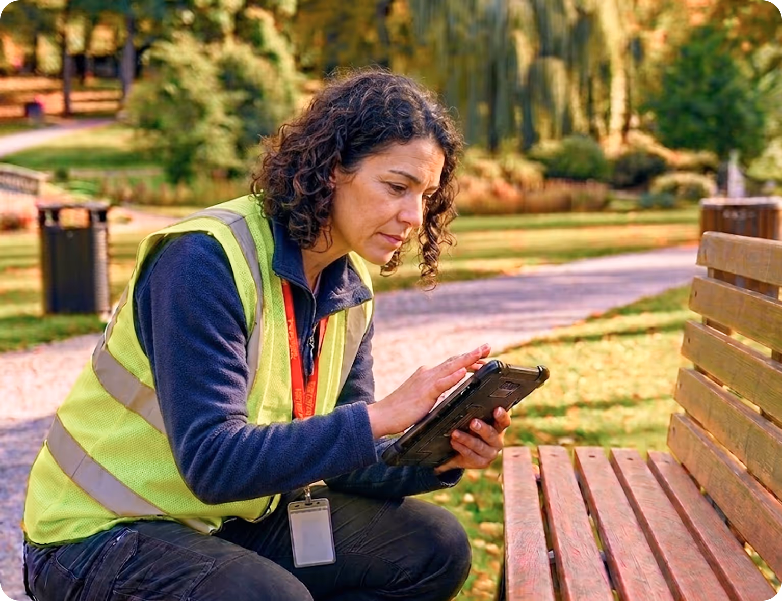 Woman in hi-vis vest using a tablet while inspecting a wooden bench in a park.