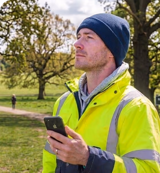 Man in a safety helmet and high-visibility vest using a tablet outdoors near green vegetation.