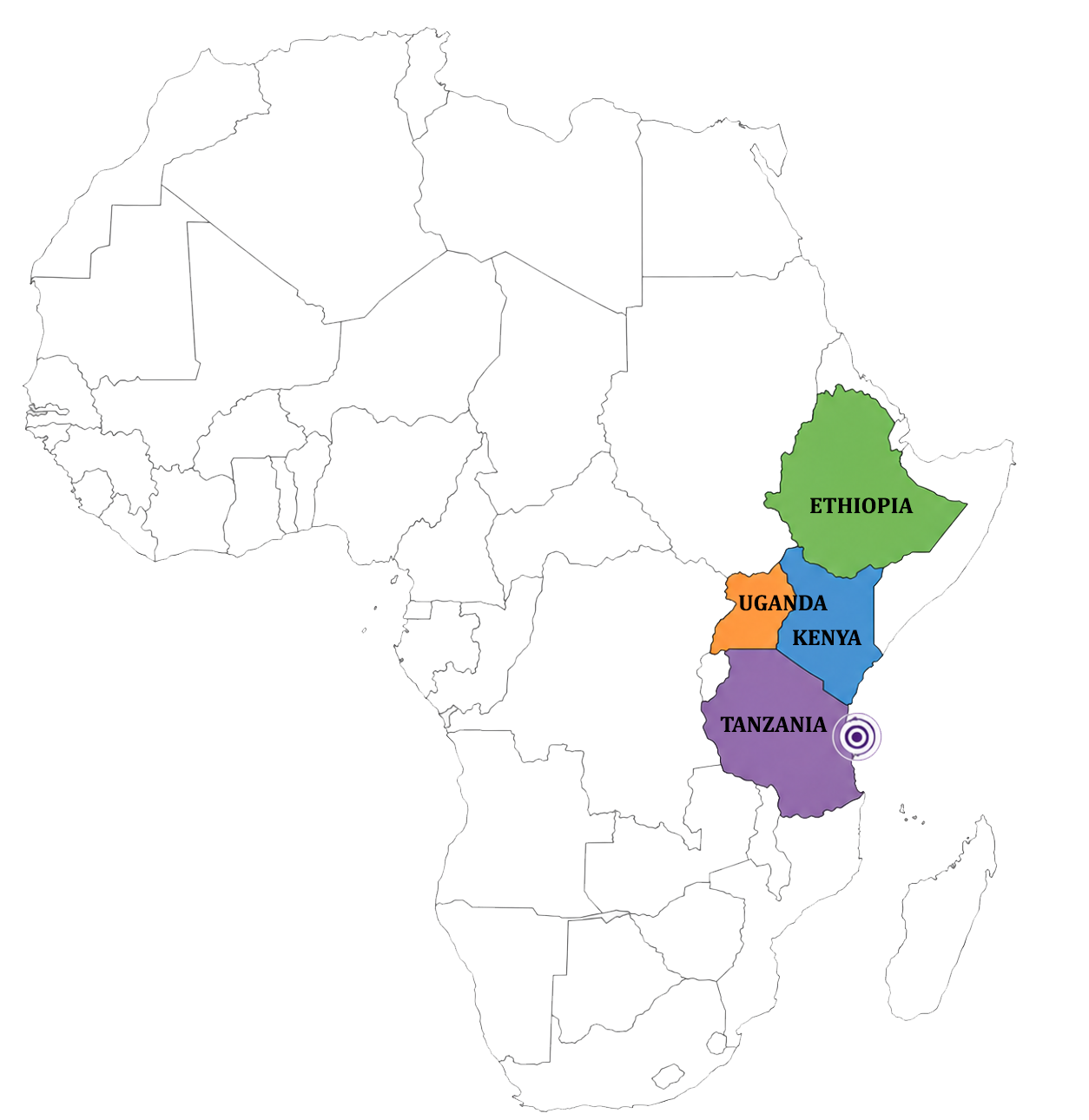 Map of Africa with the main East African countries (Tanzania, Kenya, Uganda and Ethiopia) highlighted.