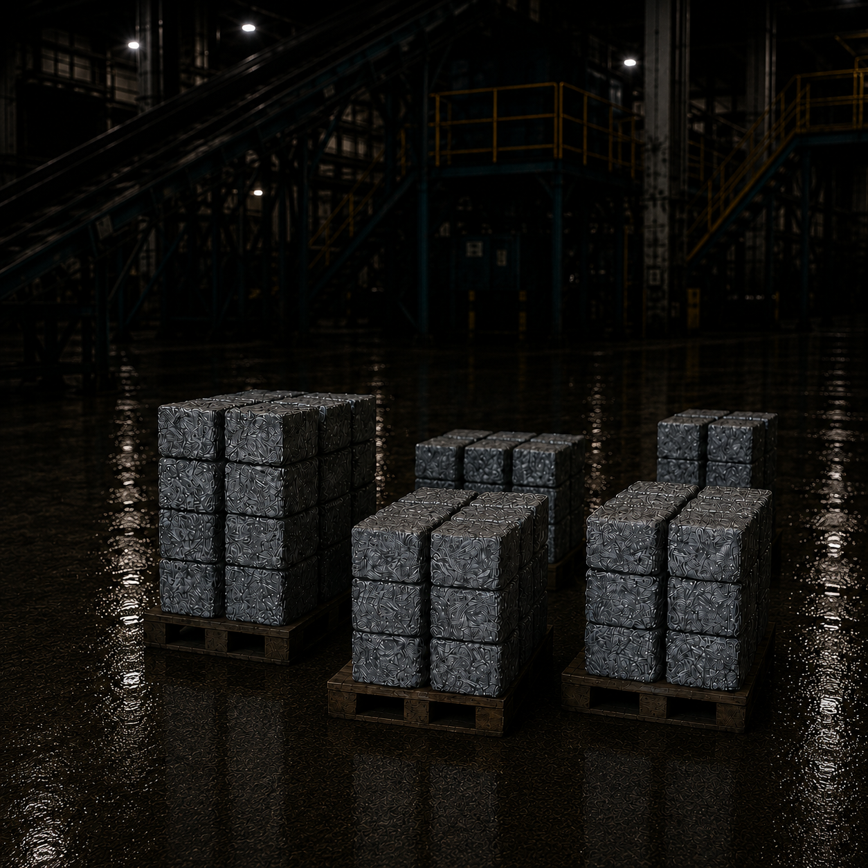 Pallets of aluminum scrap briquettes in an industrial warehouse