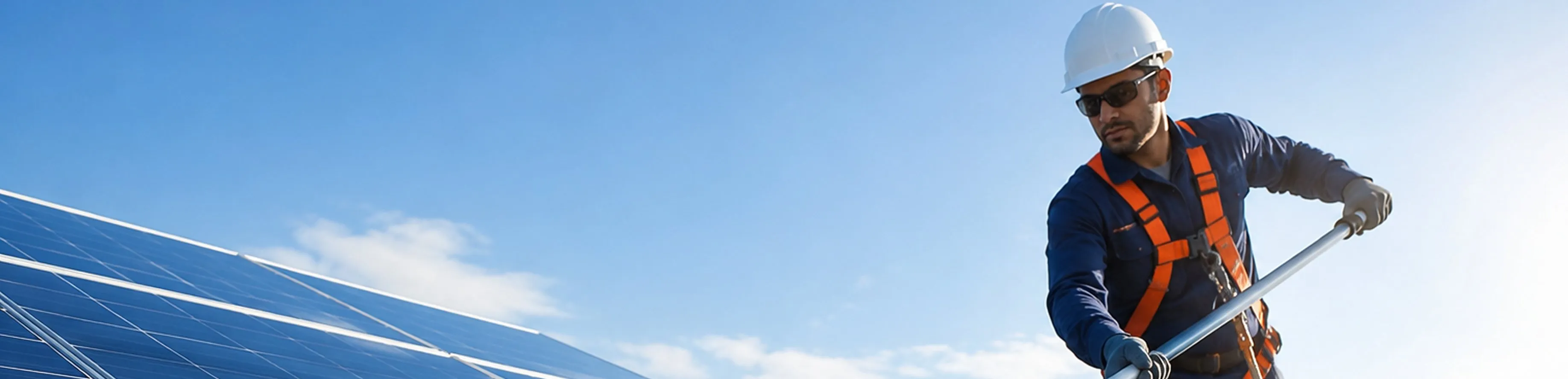 Worker in hard hat and safety harness installs or cleans solar panels under clear blue sky.