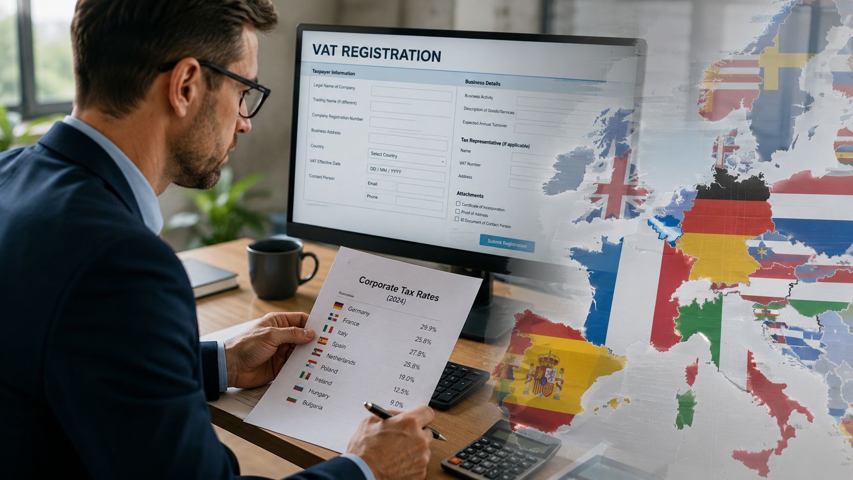 A professional man reviewing corporate tax rates while registering for VAT on a computer screen.