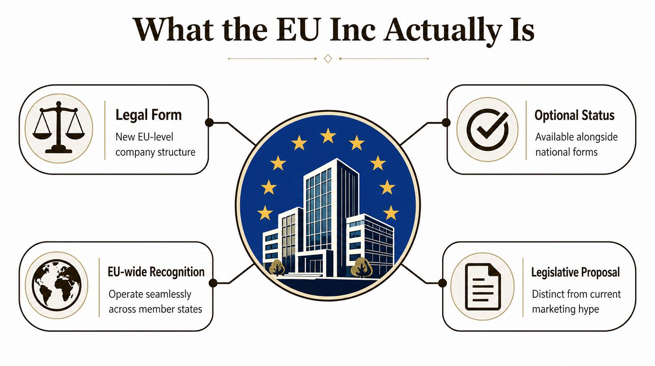 An infographic titled What the EU Inc Actually Is detailing legal structure, optional status, and recognition.