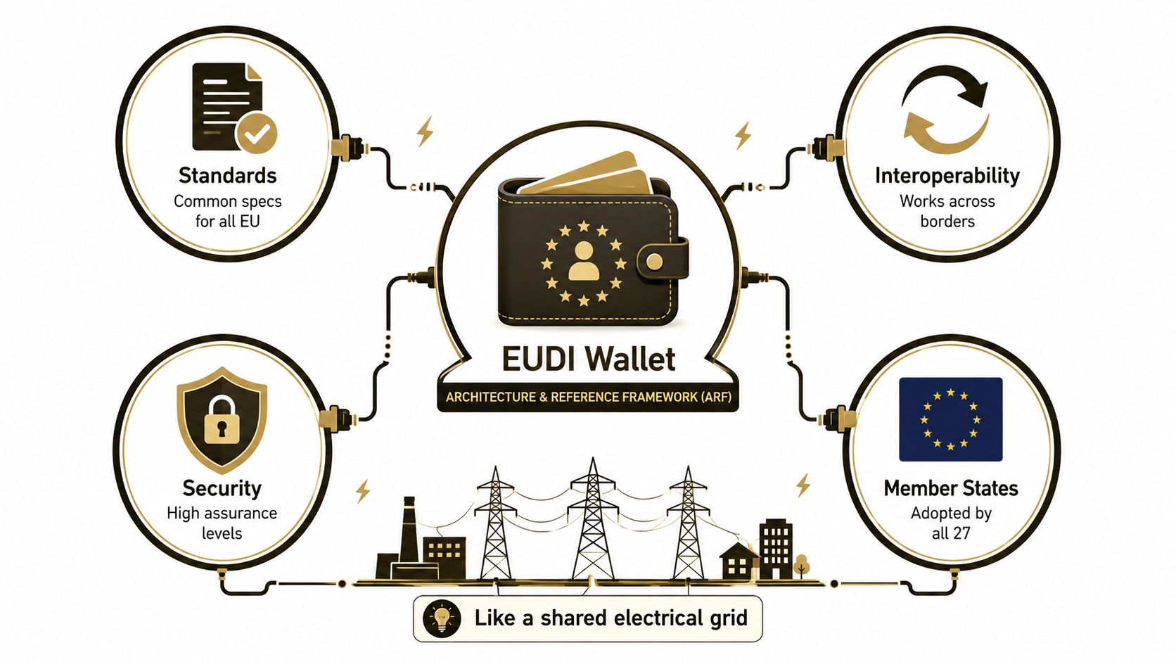 A diagram illustrating the EUDI Wallet architecture, highlighting standards, interoperability, security, and member state adoption.