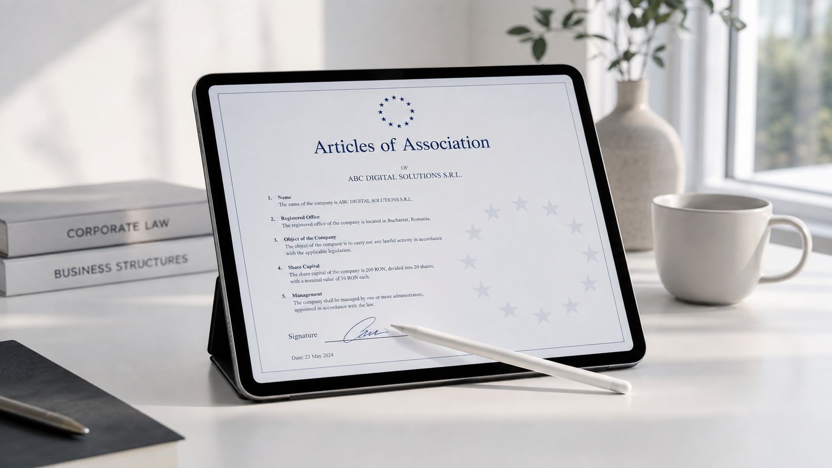 A digital tablet displaying the Articles of Association for ABC Digital Solutions S.R.L. on a desk.