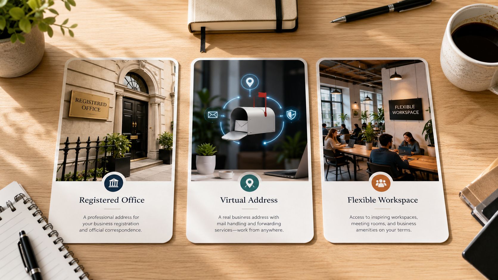 Three cards displayed on a wooden desk showcasing office services like registered office, virtual address, and flexible workspace.