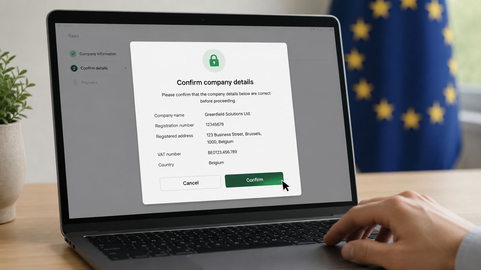 A laptop screen displaying a company detail confirmation form for business registration in Belgium.