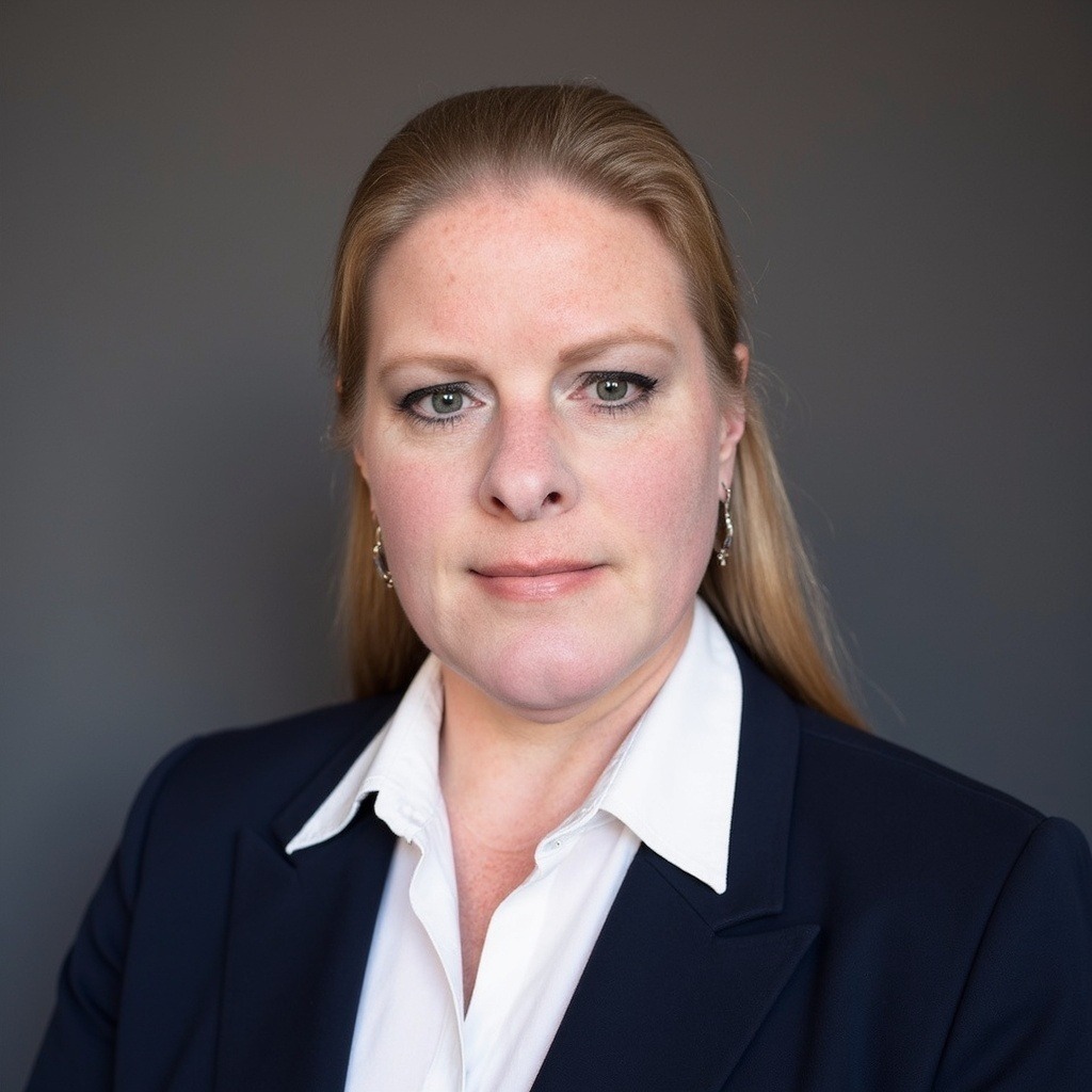 Professional headshot of a woman wearing a navy blazer and white collared shirt, facing the camera with a neutral expression against a gray background.