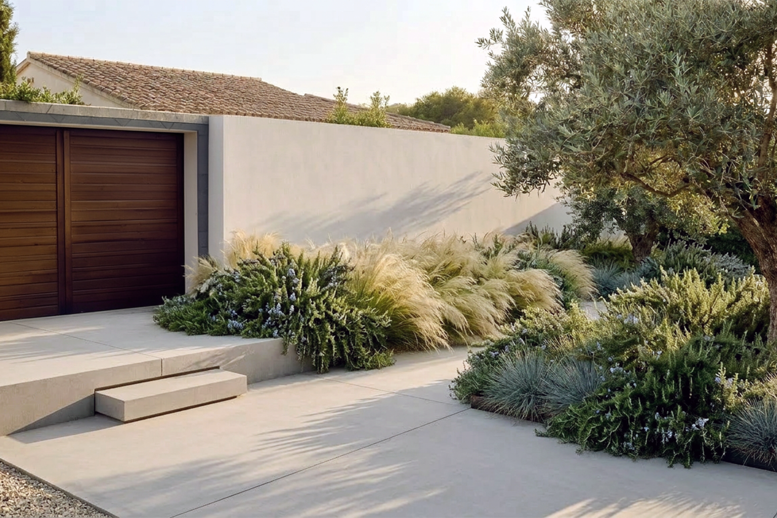 Entrada de vivienda con escalones de hormigón, jardinería naturalista y plantación de gramíneas ornamentales.