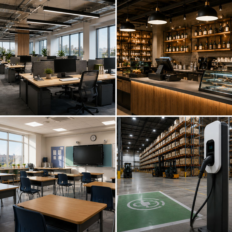 Modern commercial environments including an open-plan office, retail café, classroom and warehouse with EV charging infrastructure, representing professional electrical installation and fit-out services.