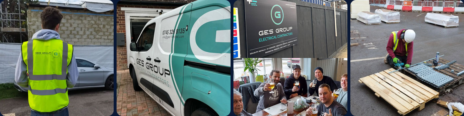 GES Group electrical contractors showcasing their team, branded service vehicles, site cabins and on-site commercial electrical installation projects.