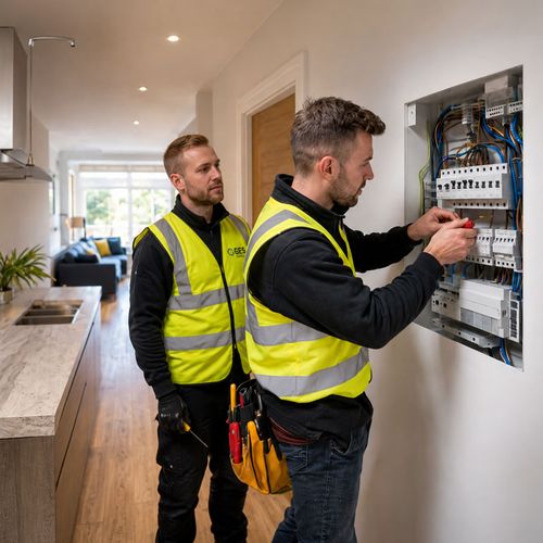 Residential electrician installing and inspecting a home electrical consumer unit in a modern house to ensure safe and reliable electrical systems.