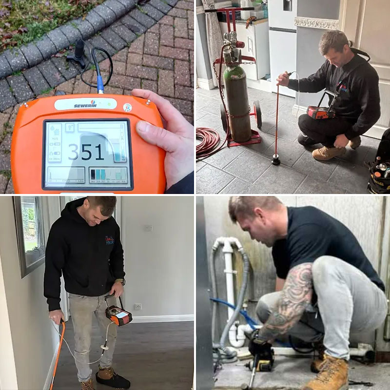 Leak detection specialists using advanced equipment to locate hidden pipe leaks indoors and outdoors