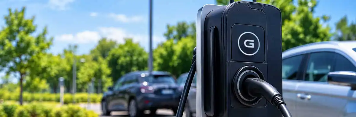 Electric vehicle charging station with charging cable connected, parked cars and greenery in the background.