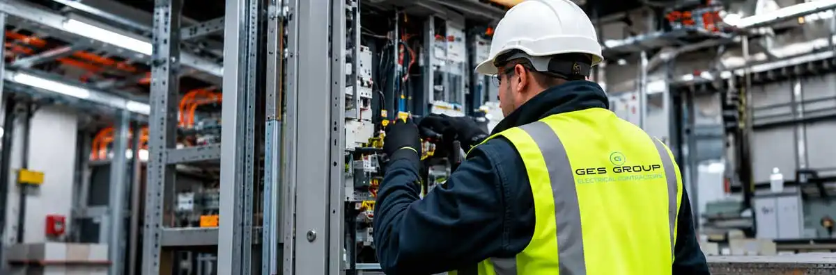Electrician wearing a white hard hat and high-visibility GES vest while working on an industrial electrical control panel.