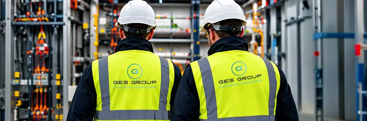 Two GES electrical engineers wearing white hard hats and high-visibility yellow safety vests inside an industrial electrical facility.