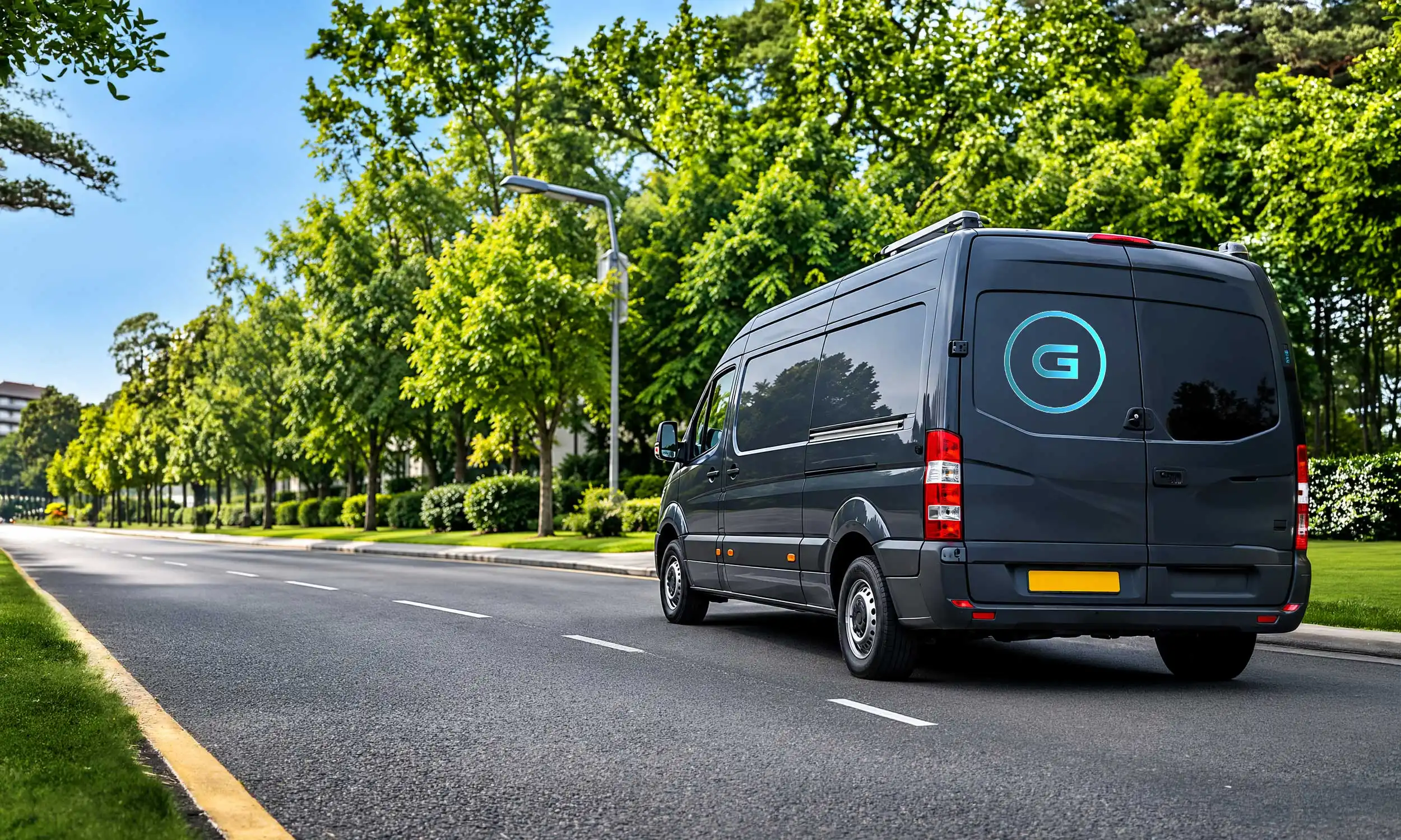 GES electrical services van parked outdoors beside trees.