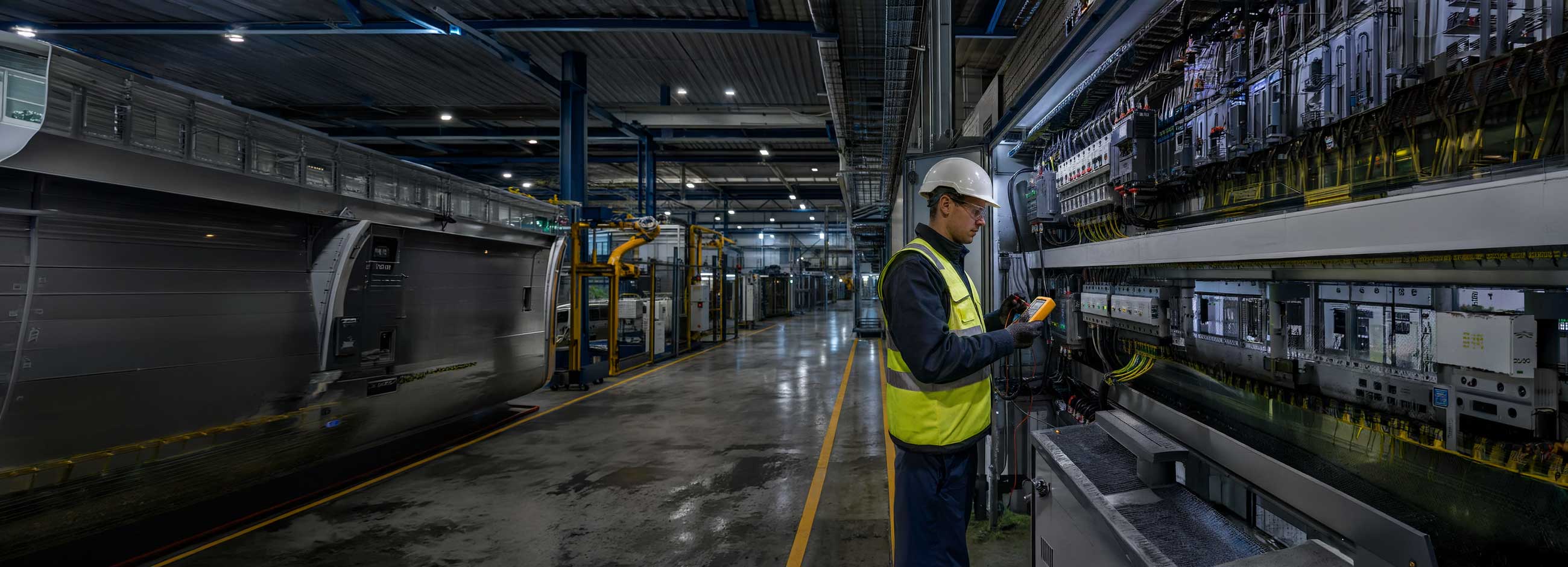 Industrial electrician inspecting electrical control panels in a manufacturing facility to ensure safe and reliable electrical system performance.