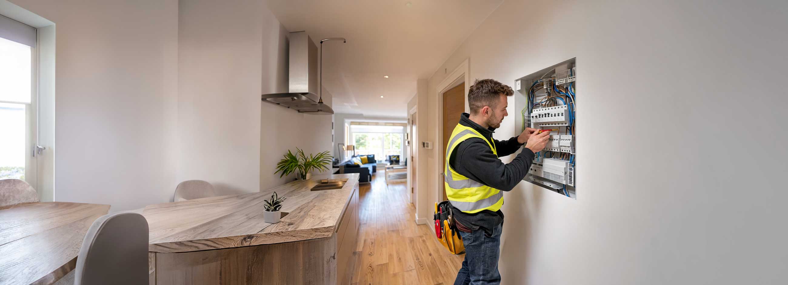 Residential electrician installing and inspecting a home electrical consumer unit in a modern house to ensure safe and reliable electrical systems.