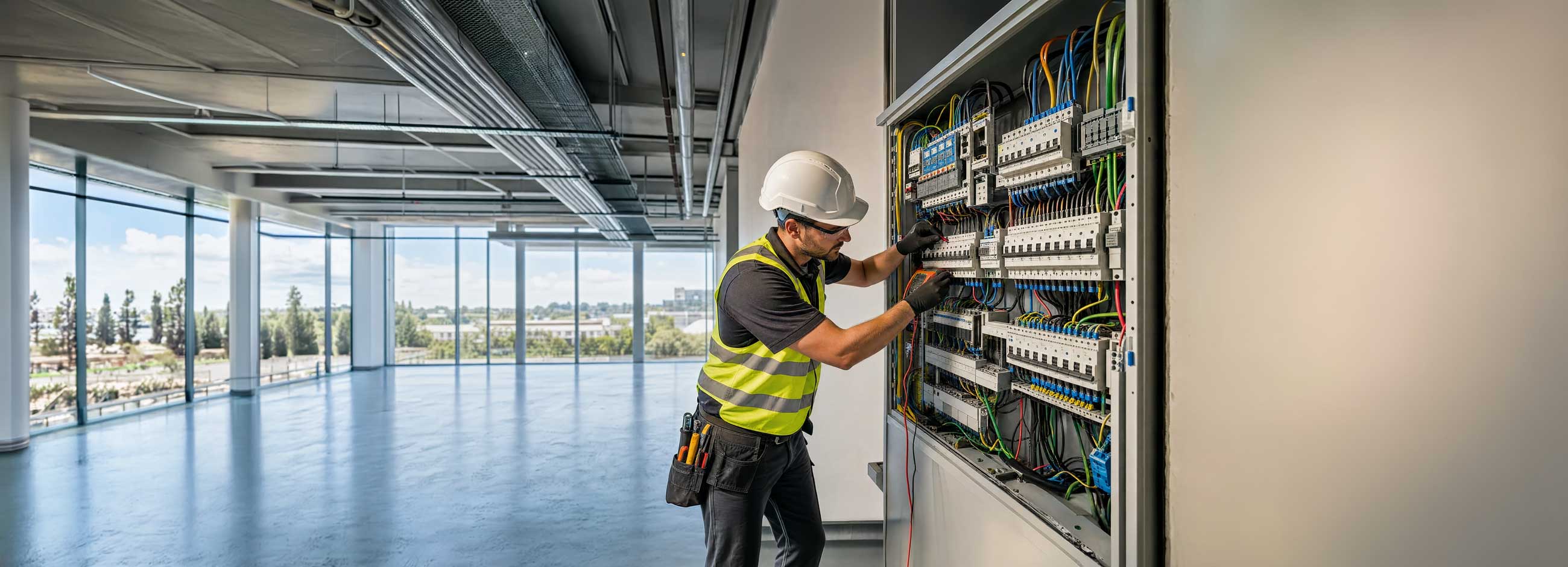 Commercial electrician inspecting and testing an electrical distribution board in a modern office building to ensure safe and reliable power systems.