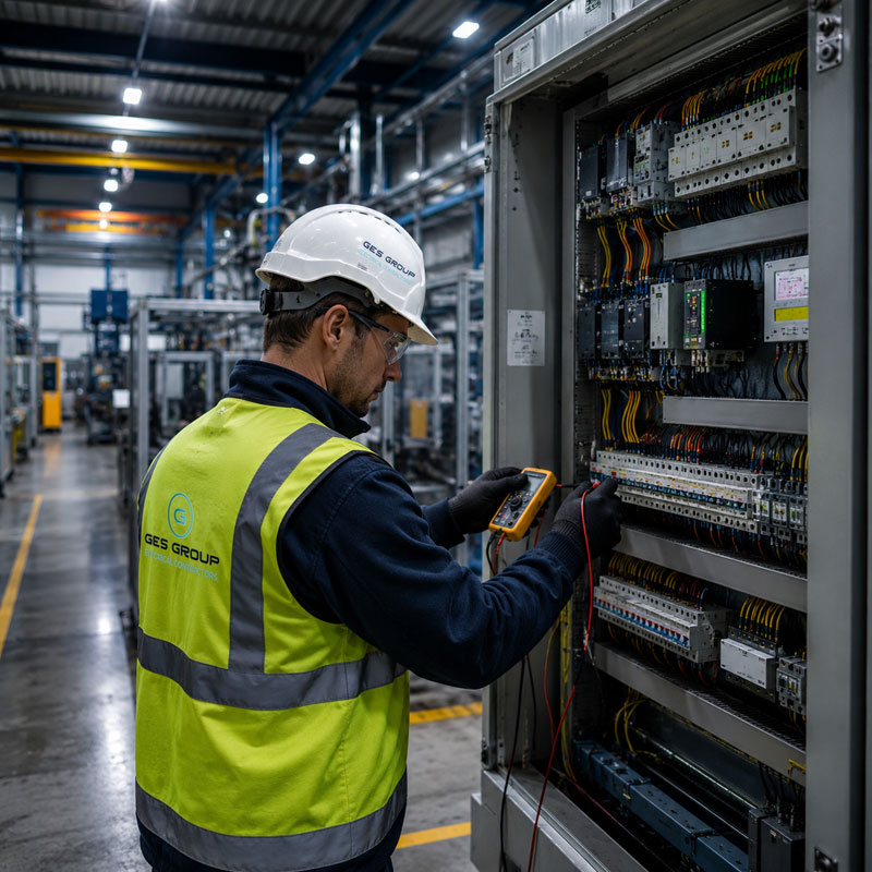 Industrial electrician inspecting electrical control panels in a manufacturing facility to ensure safe and reliable electrical system performance.