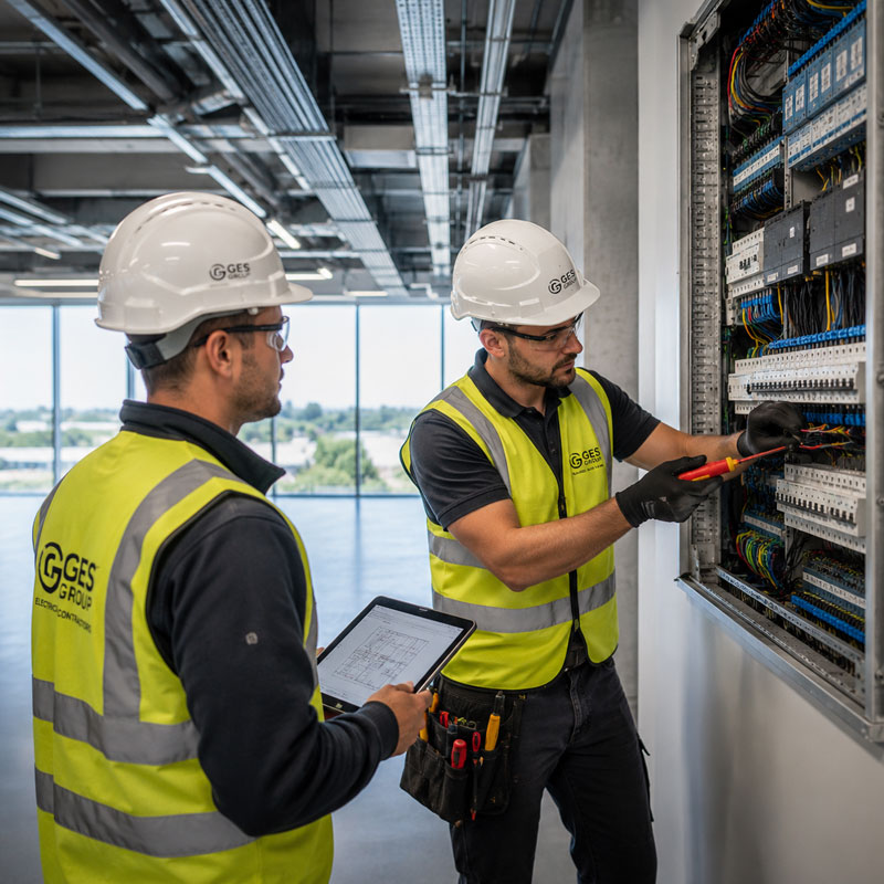 Commercial electrician inspecting and testing an electrical distribution board in a modern office building to ensure safe and reliable power systems.