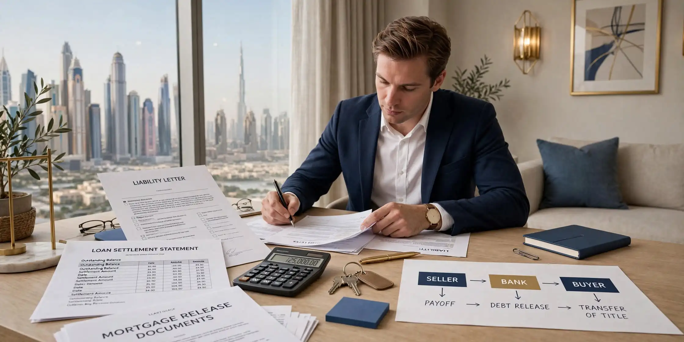 Seller reviewing Dubai mortgage liability and loan settlement documents