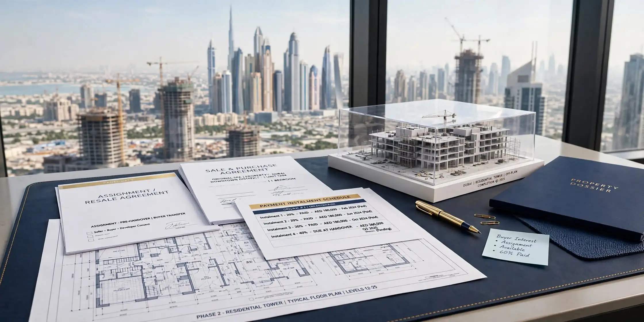 Off-plan Dubai property model with assignment and payment documents