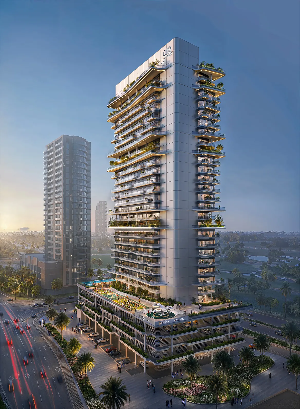 Modern high-rise residential building with balconies, rooftop amenities, and surrounding greenery at dusk.
